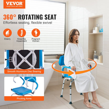 360° Swivel Shower Chair with Adjustable Height and Pivoting Arms, 135 kg Capacity