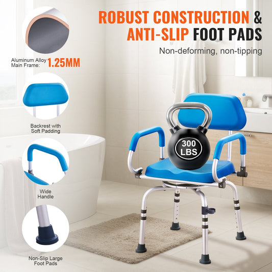 360° Swivel Shower Chair with Adjustable Height and Pivoting Arms, 135 kg Capacity