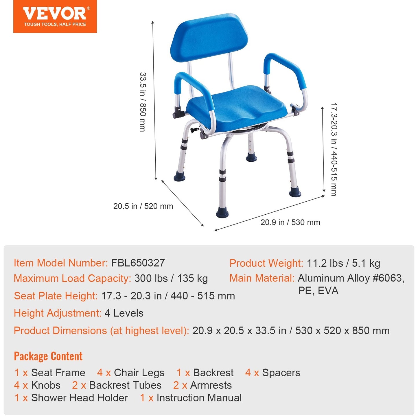 360° Swivel Shower Chair with Adjustable Height and Pivoting Arms, 135 kg Capacity