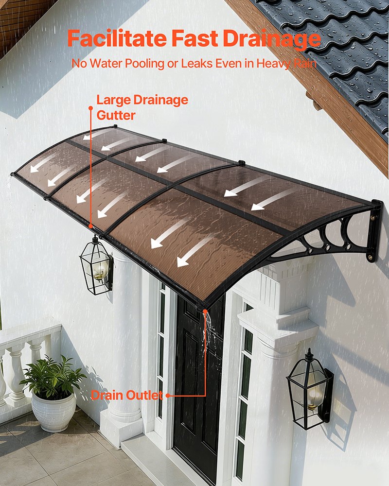 Awnings for Door Entrance, 965 x 2957 mm, Exterior Front Door Window Awnings with Drainage & ABS Bracket, Rain Snow Sun Protection, Overhang Polycarbonate Door Canopy for Porch Patio, Brown