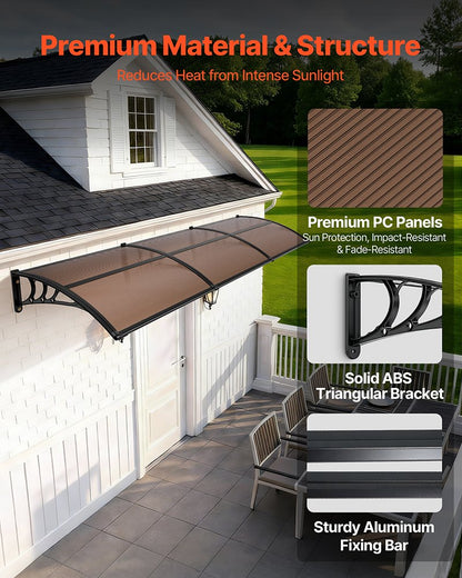 Awnings for Door Entrance, 965 x 2957 mm, Exterior Front Door Window Awnings with Drainage & ABS Bracket, Rain Snow Sun Protection, Overhang Polycarbonate Door Canopy for Porch Patio, Brown