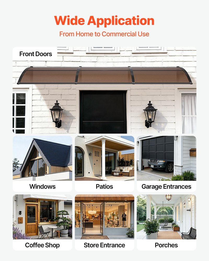 Awnings for Door Entrance, 965 x 2957 mm, Exterior Front Door Window Awnings with Drainage & ABS Bracket, Rain Snow Sun Protection, Overhang Polycarbonate Door Canopy for Porch Patio, Brown