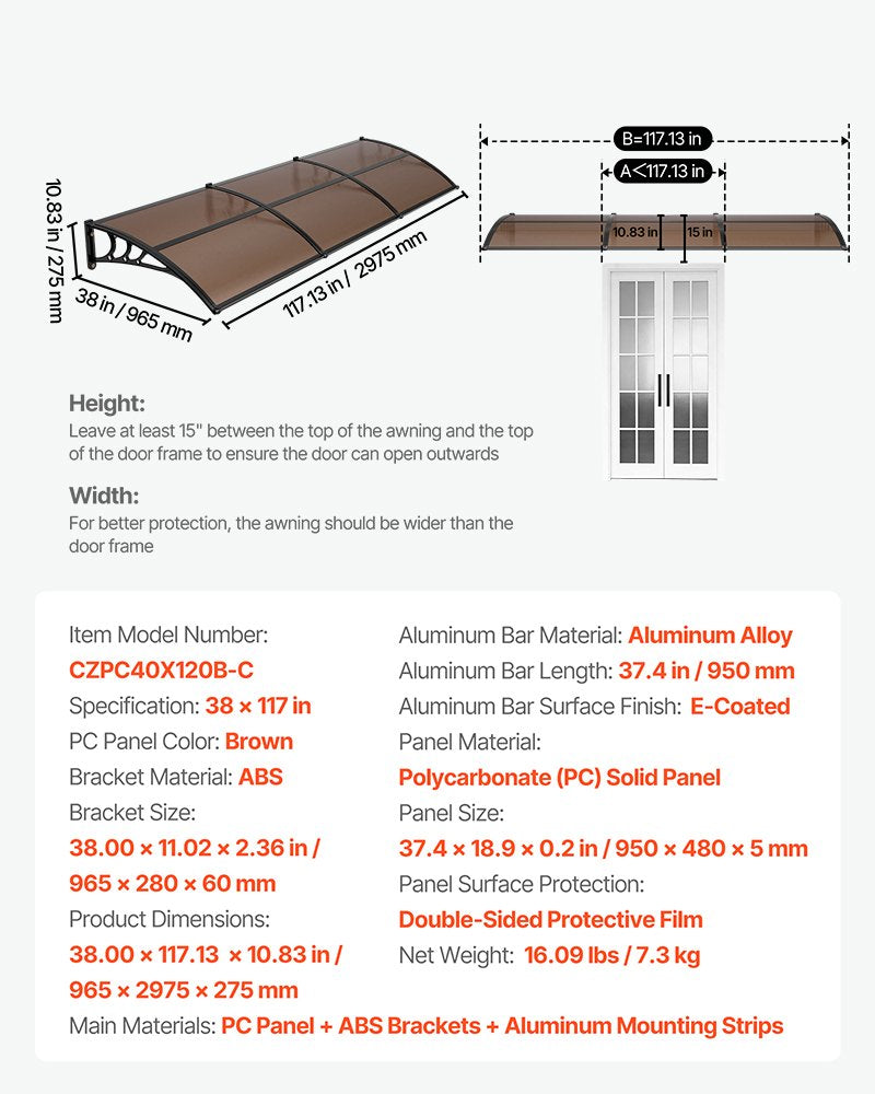 Awnings for Door Entrance, 965 x 2957 mm, Exterior Front Door Window Awnings with Drainage & ABS Bracket, Rain Snow Sun Protection, Overhang Polycarbonate Door Canopy for Porch Patio, Brown