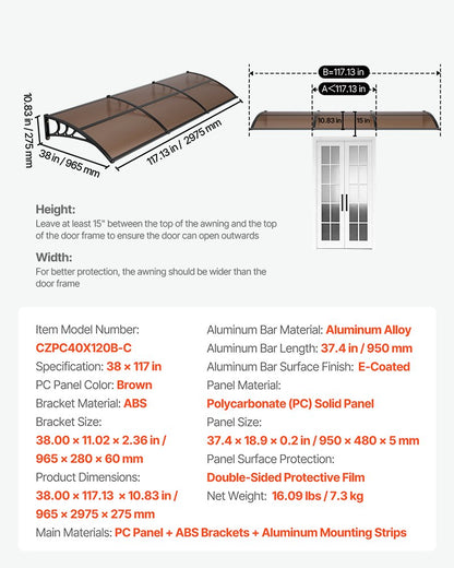 Awnings for Door Entrance, 965 x 2957 mm, Exterior Front Door Window Awnings with Drainage & ABS Bracket, Rain Snow Sun Protection, Overhang Polycarbonate Door Canopy for Porch Patio, Brown
