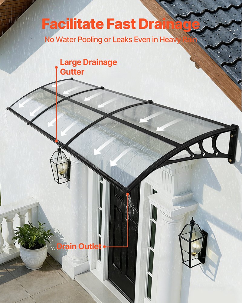 Awnings for Door Entrance, 965 x 2957 mm, Exterior Front Door Window Awnings with Drainage & ABS Bracket, Rain Snow Sun Protection, Overhang Polycarbonate Door Canopy for Porch Patio, Clear
