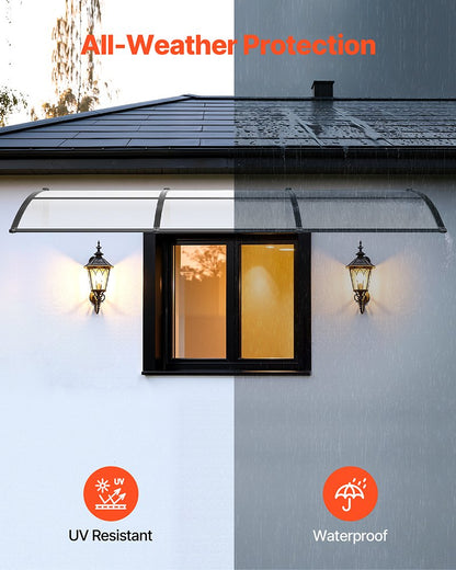 Awnings for Door Entrance, 965 x 2957 mm, Exterior Front Door Window Awnings with Drainage & ABS Bracket, Rain Snow Sun Protection, Overhang Polycarbonate Door Canopy for Porch Patio, Clear
