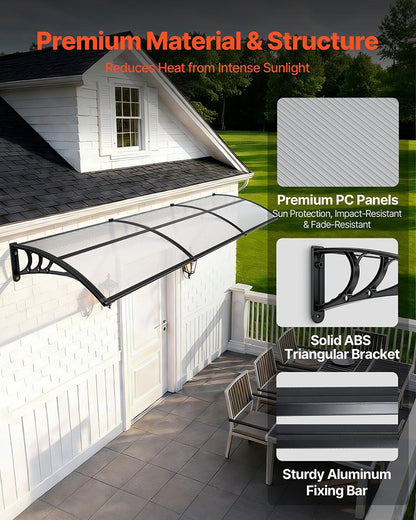 Awnings for Door Entrance, 965 x 2957 mm, Exterior Front Door Window Awnings with Drainage & ABS Bracket, Rain Snow Sun Protection, Overhang Polycarbonate Door Canopy for Porch Patio, Clear