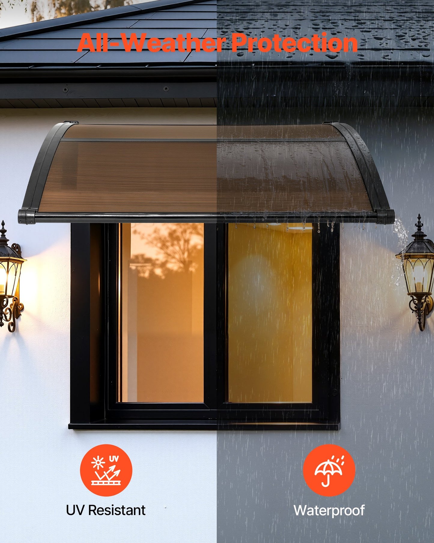 Awnings for Door Entrance, 965 x 1057 mm, Exterior Front Door Window Awnings with Drainage & ABS Bracket, Rain Snow Sun Protection, Overhang Polycarbonate Door Canopy for Porch Patio, Brown