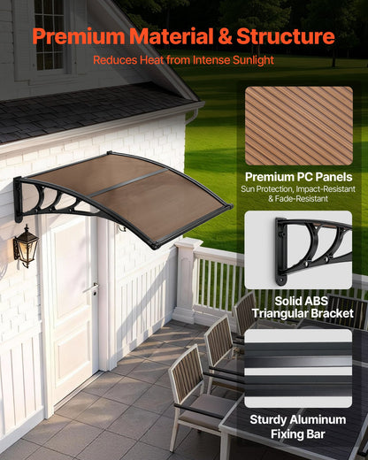Awnings for Door Entrance, 965 x 1057 mm, Exterior Front Door Window Awnings with Drainage & ABS Bracket, Rain Snow Sun Protection, Overhang Polycarbonate Door Canopy for Porch Patio, Brown