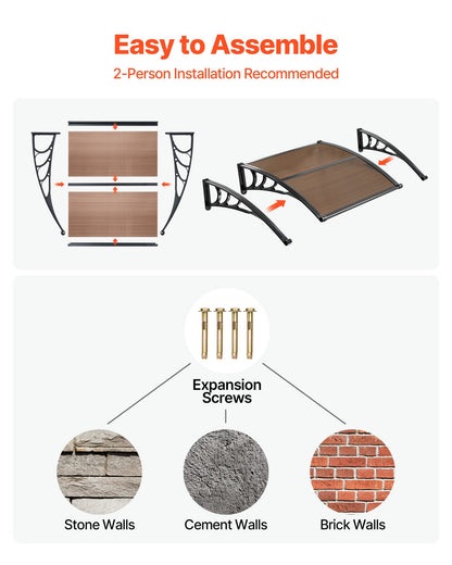 Awnings for Door Entrance, 965 x 1057 mm, Exterior Front Door Window Awnings with Drainage & ABS Bracket, Rain Snow Sun Protection, Overhang Polycarbonate Door Canopy for Porch Patio, Brown