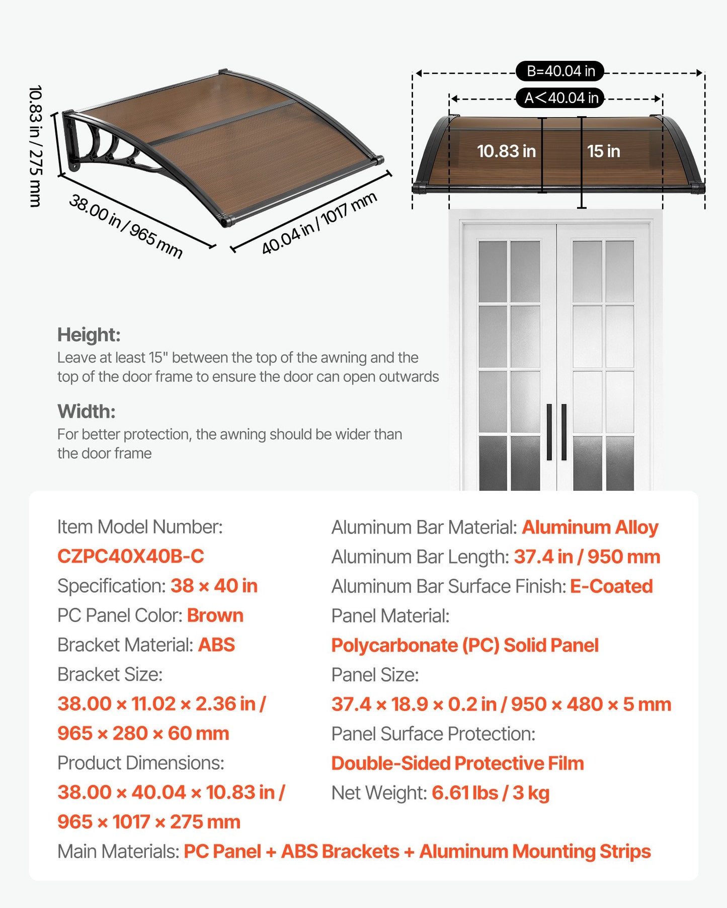 Awnings for Door Entrance, 965 x 1057 mm, Exterior Front Door Window Awnings with Drainage & ABS Bracket, Rain Snow Sun Protection, Overhang Polycarbonate Door Canopy for Porch Patio, Brown
