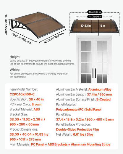 Awnings for Door Entrance, 965 x 1057 mm, Exterior Front Door Window Awnings with Drainage & ABS Bracket, Rain Snow Sun Protection, Overhang Polycarbonate Door Canopy for Porch Patio, Brown