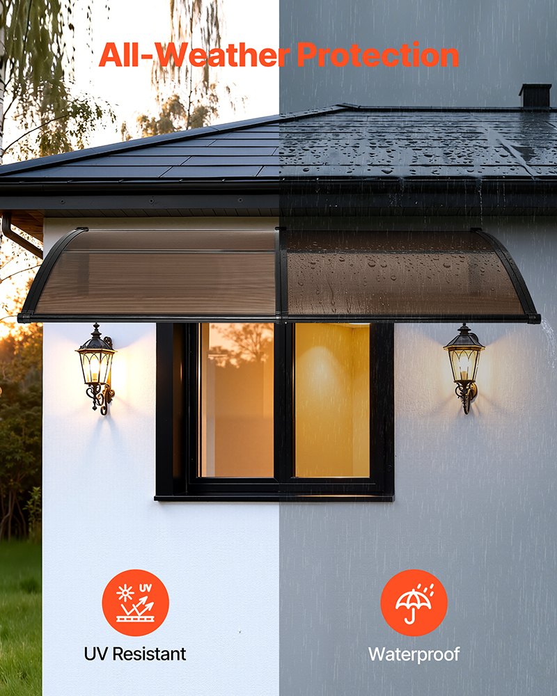 Awnings for Door Entrance,965 x 1987 mm, Exterior Front Door Window Awnings with Drainage & Metal Bracket, Rain Snow Sun Protection, Overhang Polycarbonate Door Canopy for Porch Patio, Brown