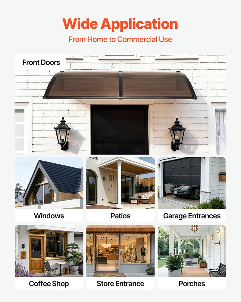 Awnings for Door Entrance,965 x 1987 mm, Exterior Front Door Window Awnings with Drainage & Metal Bracket, Rain Snow Sun Protection, Overhang Polycarbonate Door Canopy for Porch Patio, Brown