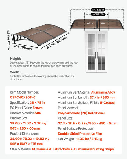 Awnings for Door Entrance,965 x 1987 mm, Exterior Front Door Window Awnings with Drainage & Metal Bracket, Rain Snow Sun Protection, Overhang Polycarbonate Door Canopy for Porch Patio, Brown