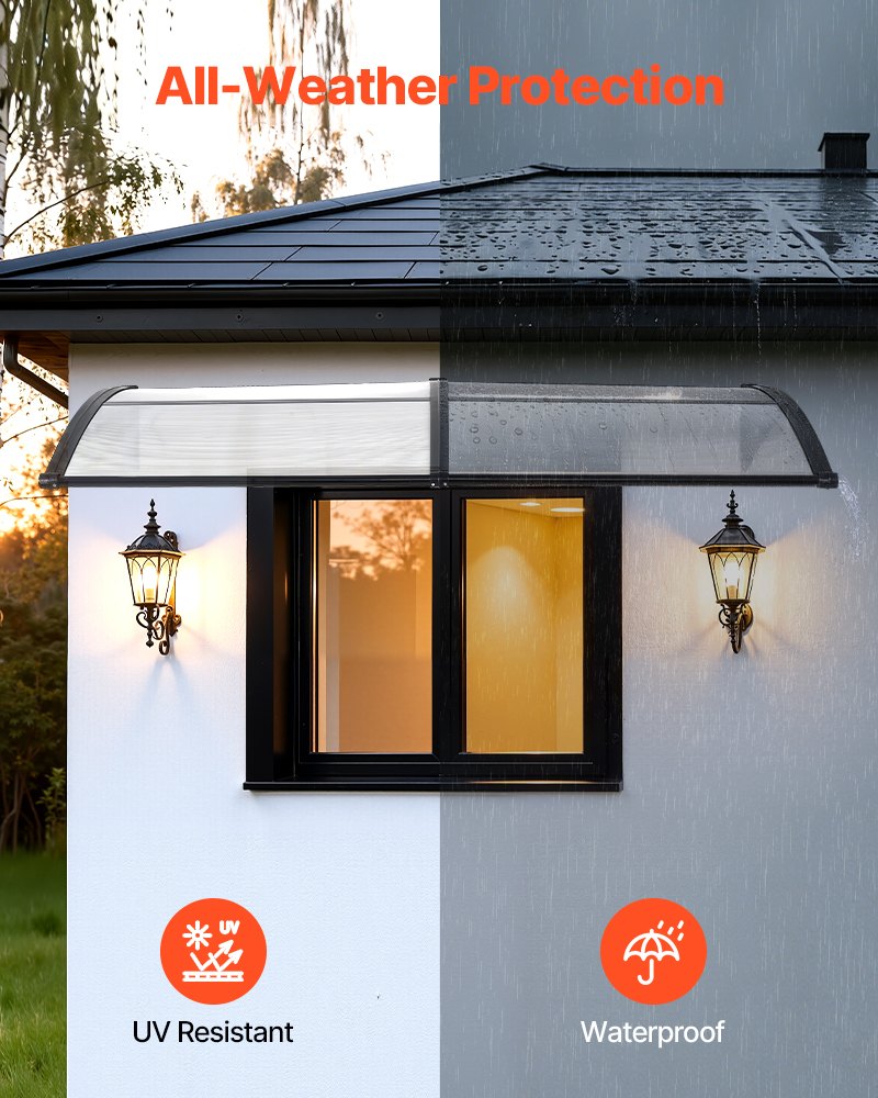 Awnings for Door Entrance, 965 x 1987 mm, Exterior Front Door Window Awnings with Drainage & ABS Bracket, Rain Snow Sun Protection, Overhang Polycarbonate Door Canopy for Porch Patio, Clear