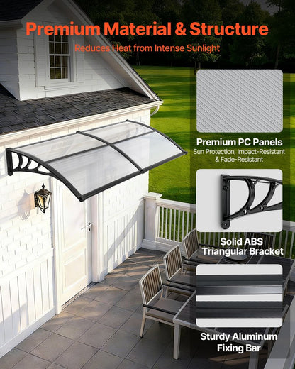 Awnings for Door Entrance, 965 x 1987 mm, Exterior Front Door Window Awnings with Drainage & ABS Bracket, Rain Snow Sun Protection, Overhang Polycarbonate Door Canopy for Porch Patio, Clear