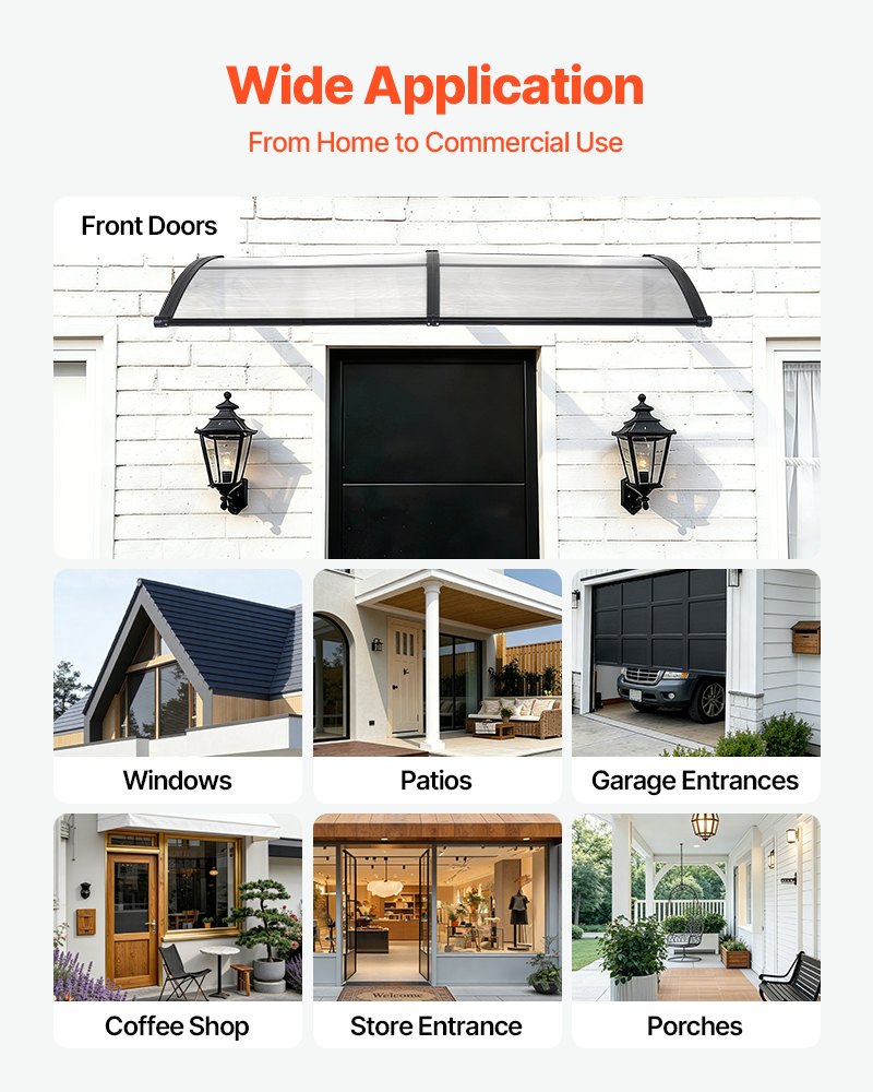 Awnings for Door Entrance, 965 x 1987 mm, Exterior Front Door Window Awnings with Drainage & ABS Bracket, Rain Snow Sun Protection, Overhang Polycarbonate Door Canopy for Porch Patio, Clear