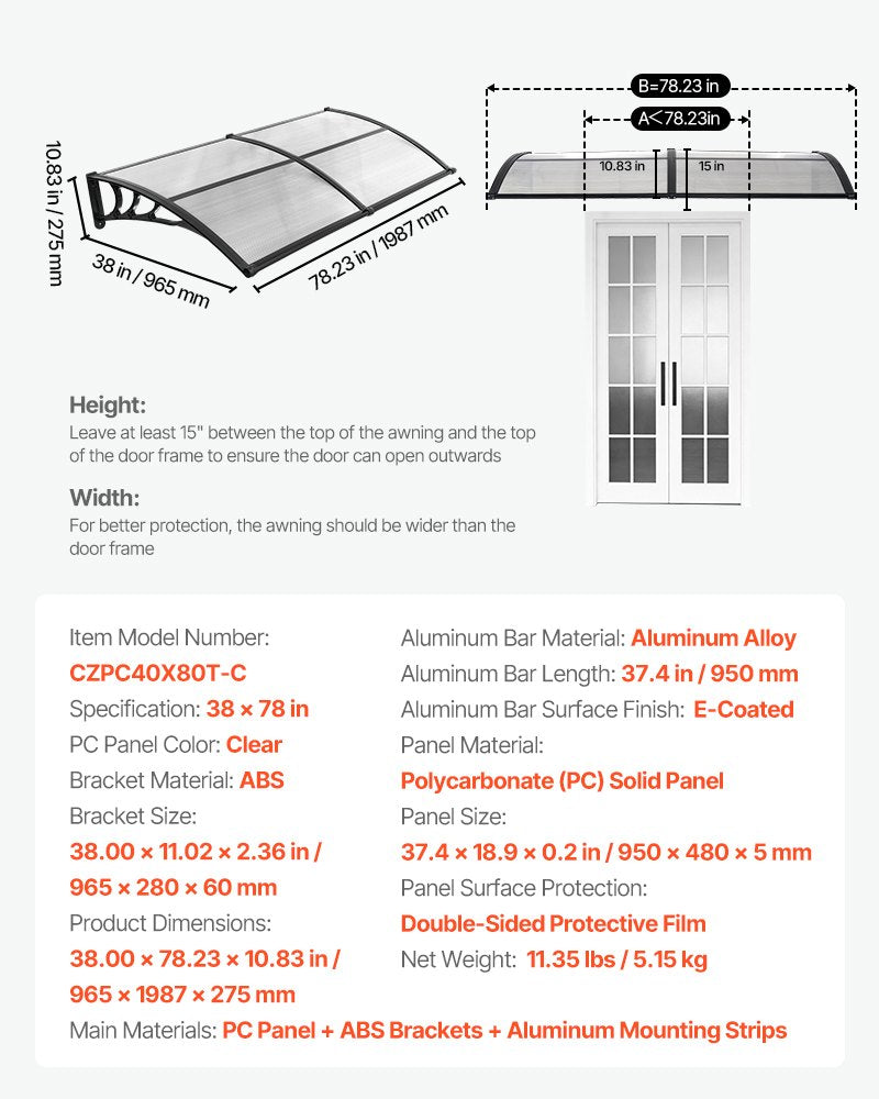 Awnings for Door Entrance, 965 x 1987 mm, Exterior Front Door Window Awnings with Drainage & ABS Bracket, Rain Snow Sun Protection, Overhang Polycarbonate Door Canopy for Porch Patio, Clear