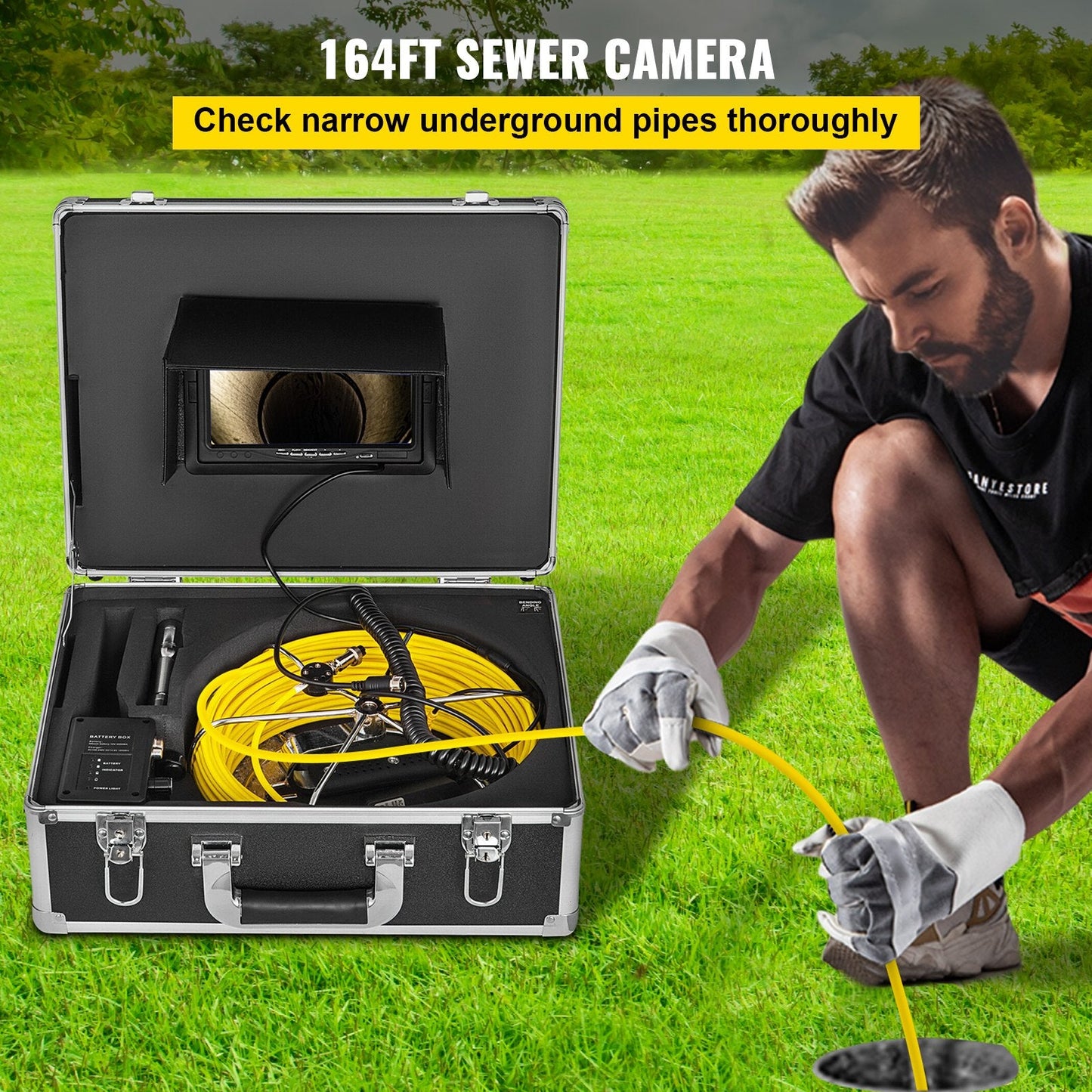 50M Cable Sewer Inspection Camera, 7" LCD Monitor, Waterproof, 12 LEDs