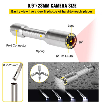 50M Cable Sewer Inspection Camera, 7" LCD Monitor, Waterproof, 12 LEDs