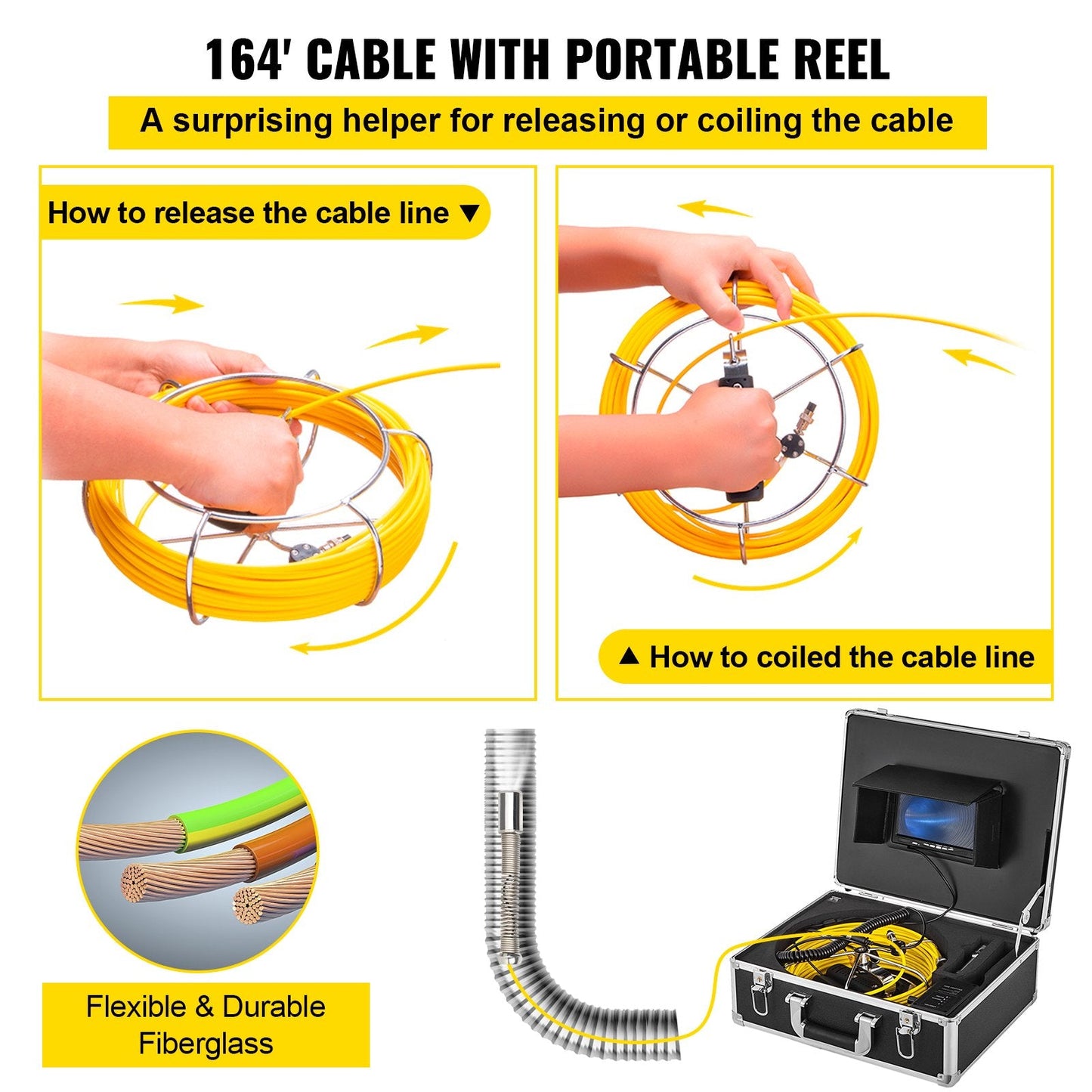 50M Cable Sewer Inspection Camera, 7" LCD Monitor, Waterproof, 12 LEDs