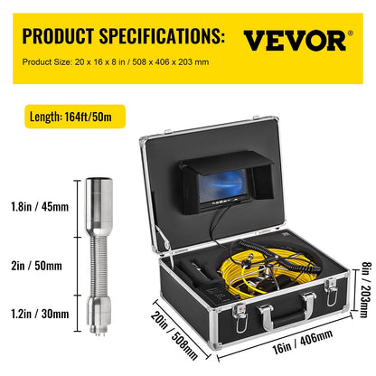 50M Cable Sewer Inspection Camera, 7" LCD Monitor, Waterproof, 12 LEDs