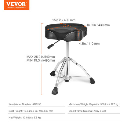 VEVOR Hydraulic Saddle Drum Throne, 490-640 mm Height Adjustable, Padded Drum Stool