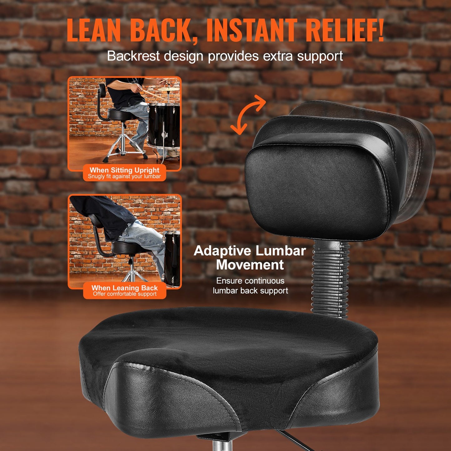 VEVOR Drum Throne with Backrest, 490-640 mm Height Adjustable, Hydraulic Saddle