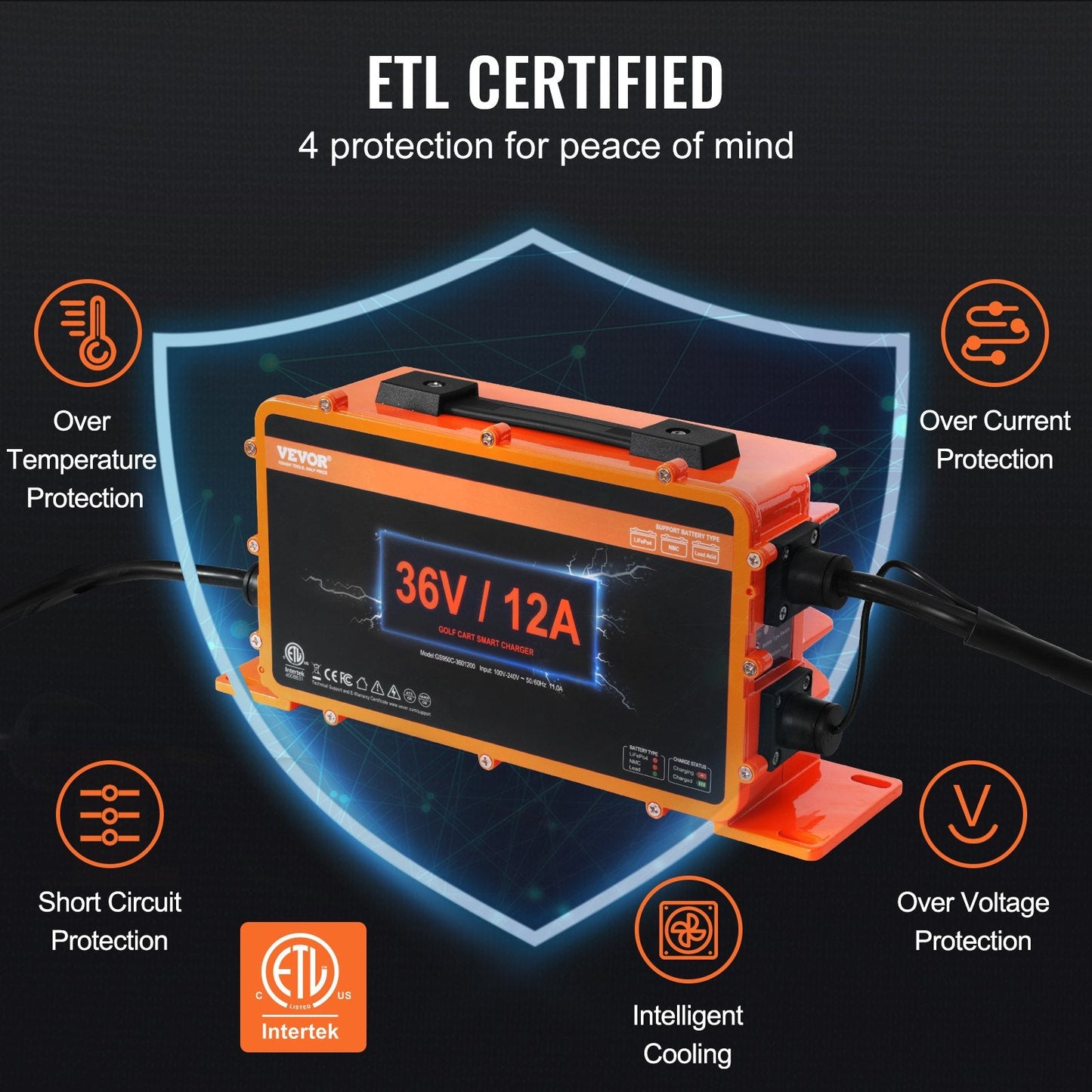 12 AMP Smart Golf Cart Charger for EZGO D-Style, IP67, ETL Certified