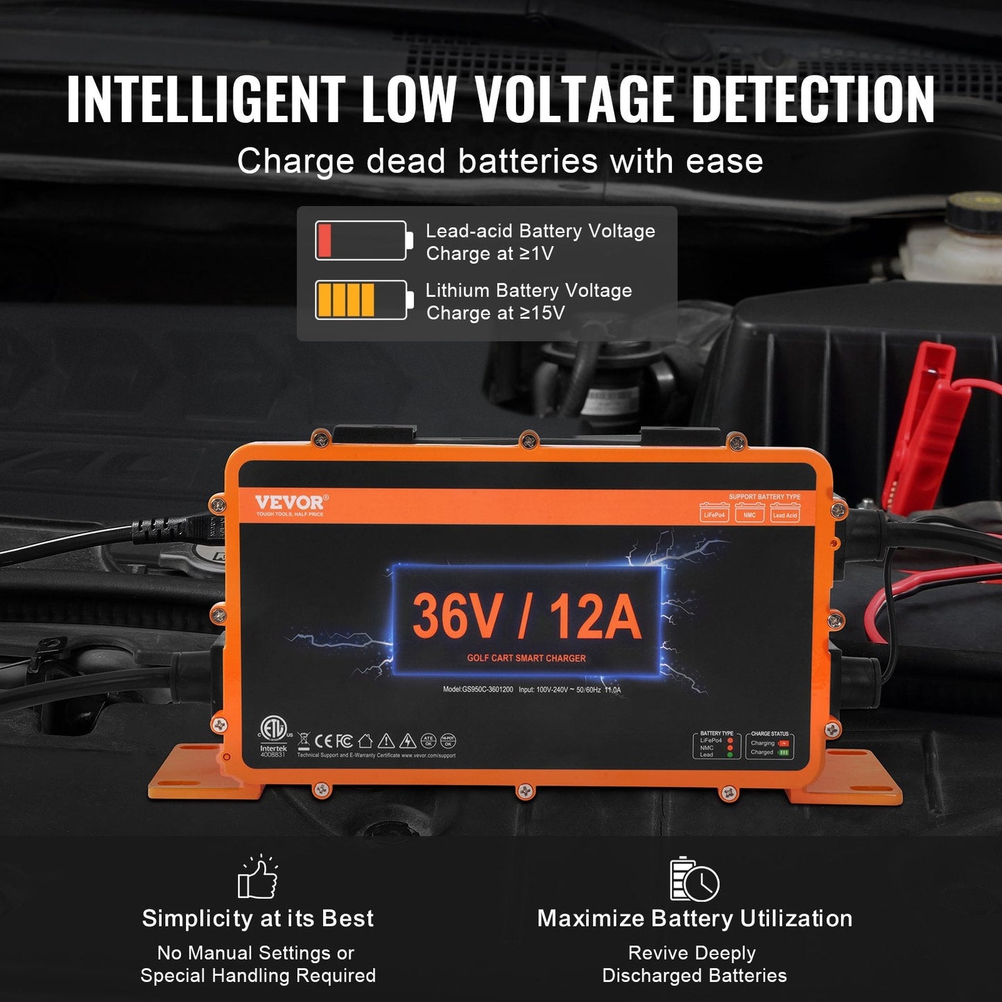 12 AMP Smart Golf Cart Charger for EZGO D-Style, IP67, ETL Certified