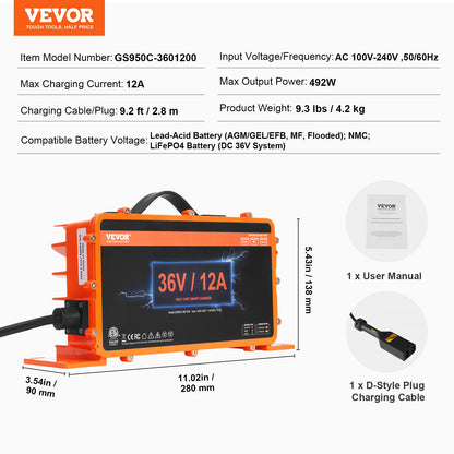 VEVOR 12 AMP Golf Cart Smart Battery Charger for EZGO D-Style IP67 ETL