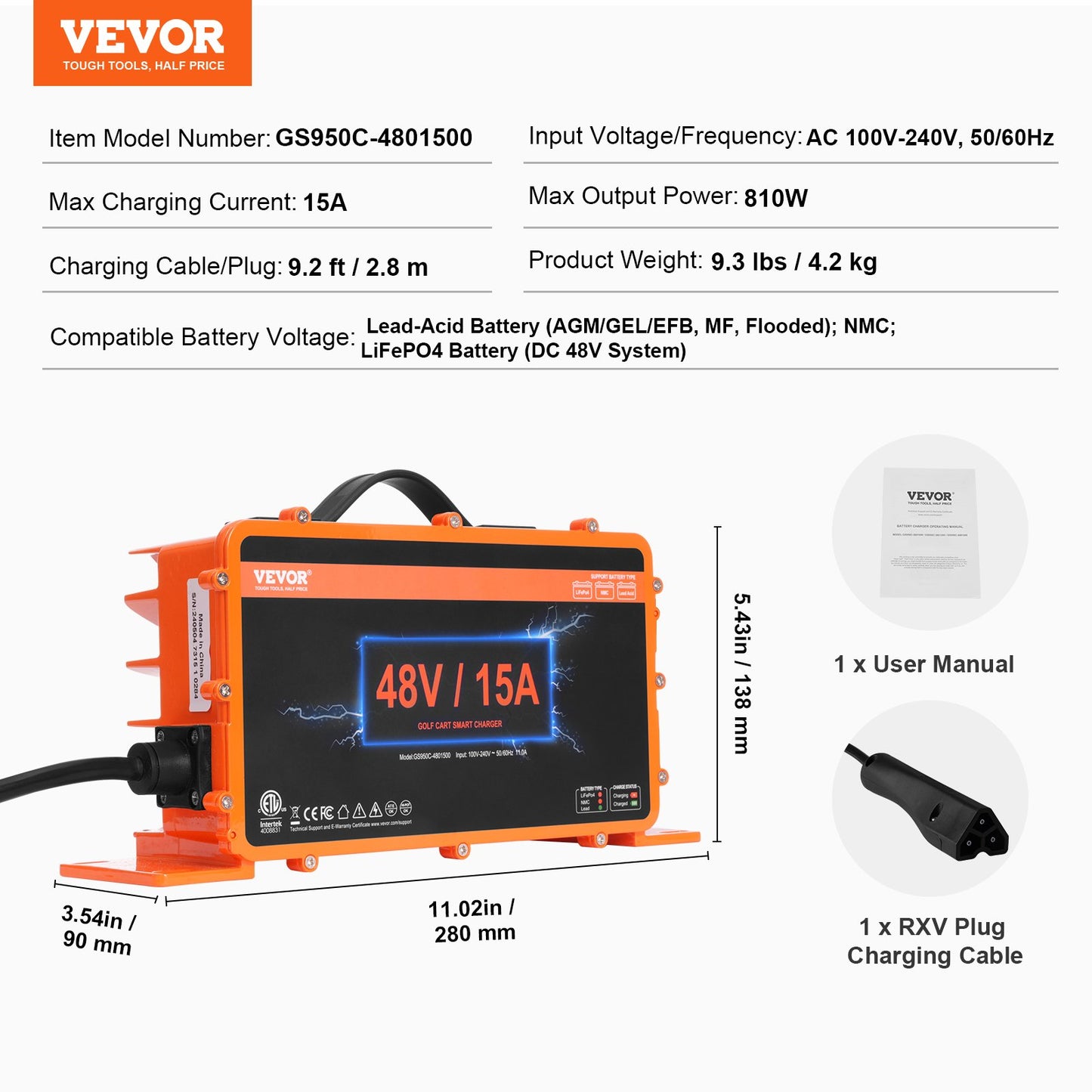 VEVOR 15 AMP Golf Cart Smart Battery Charger for EZGO TXT RXV IP67 ETL