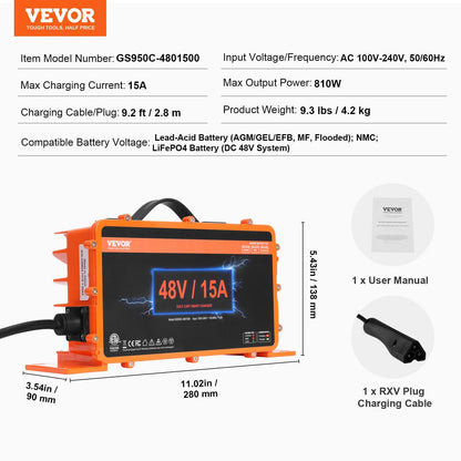 15A Golf Cart Battery Charger for EZGO TXT RXV, Weatherproof, Smart Charge