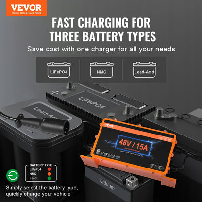 15A Smart Battery Charger for Club Car Golf Cart, 3-Pin, 48V, 2.8 m Cable