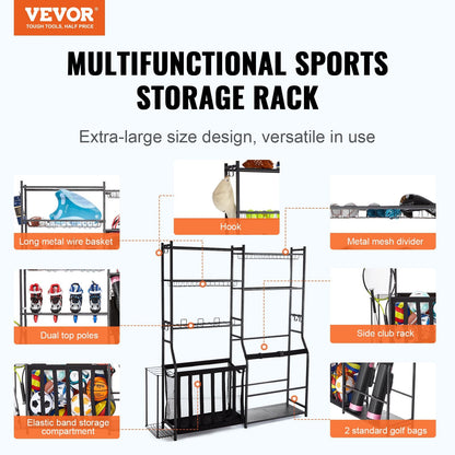 Golf and Sports Equipment Storage Rack, 2-Bag Holder, Shelves & Hooks, Black