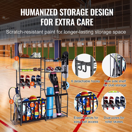 Golf and Sports Equipment Storage Rack, 2-Bag Holder, Shelves & Hooks, Black