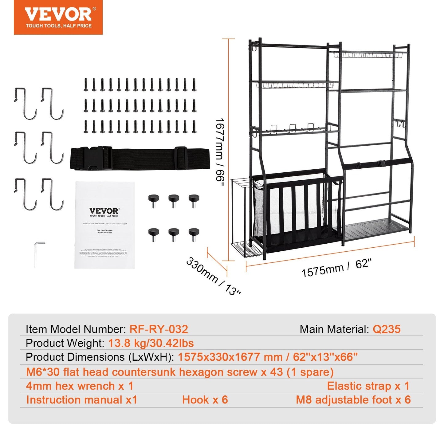 Golf and Sports Equipment Storage Rack, 2-Bag Holder, Shelves & Hooks, Black