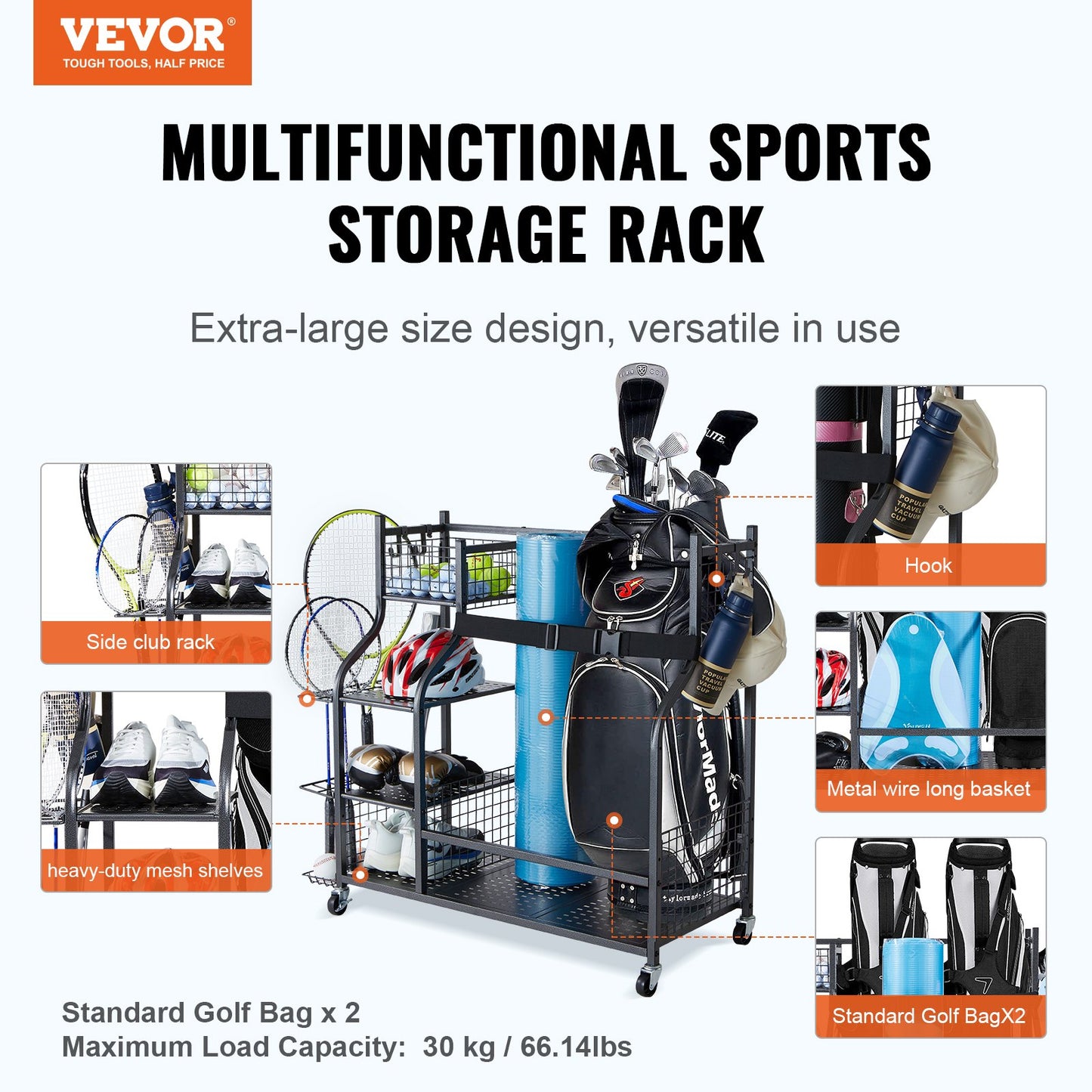 VEVOR Golf Storage Garage Organizer, 2 Golf Bag Stand Holder and Other Sports Equipment