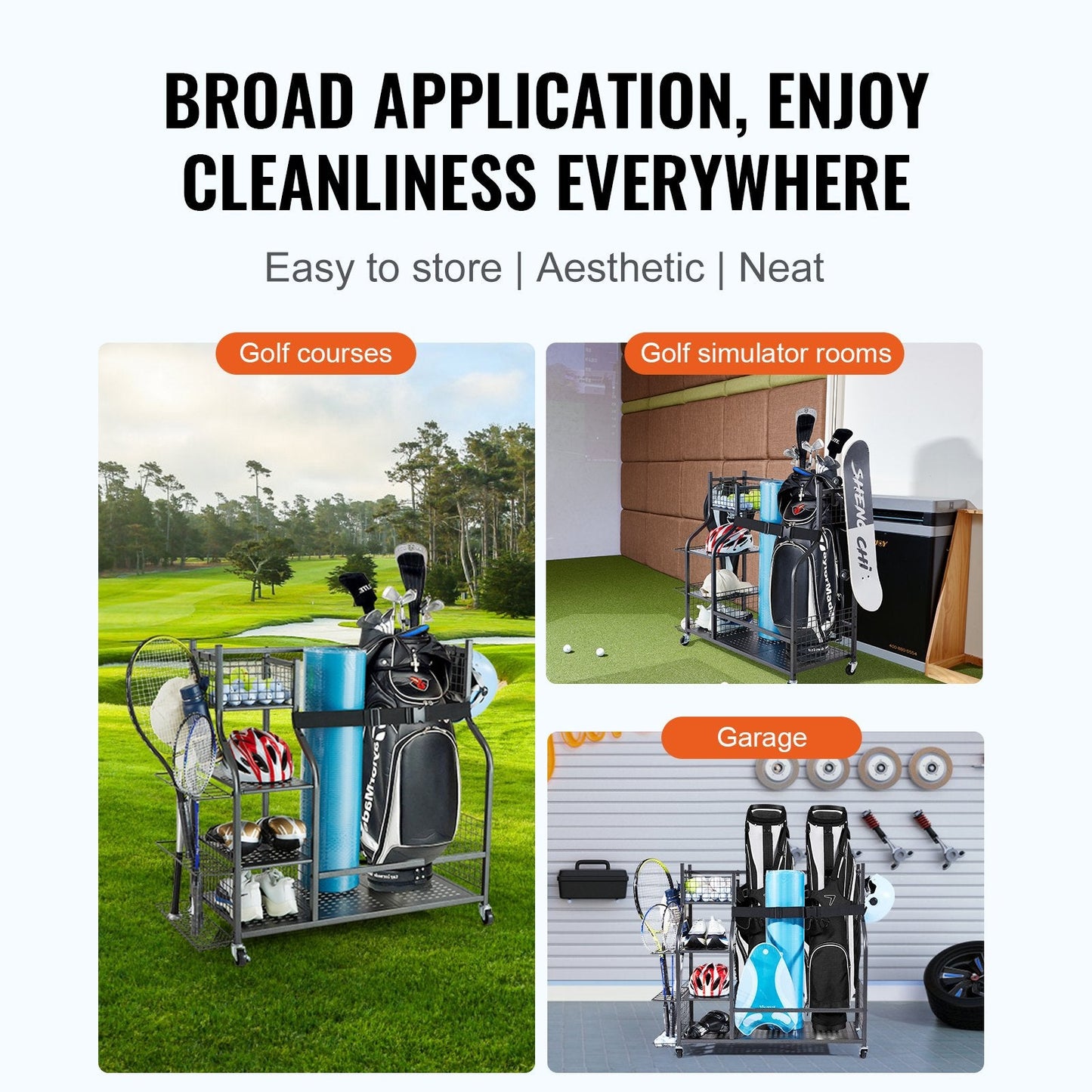Golf Bag Stand & Sports Equipment Organizer with Wheels, Steel, Black, 1.03m
