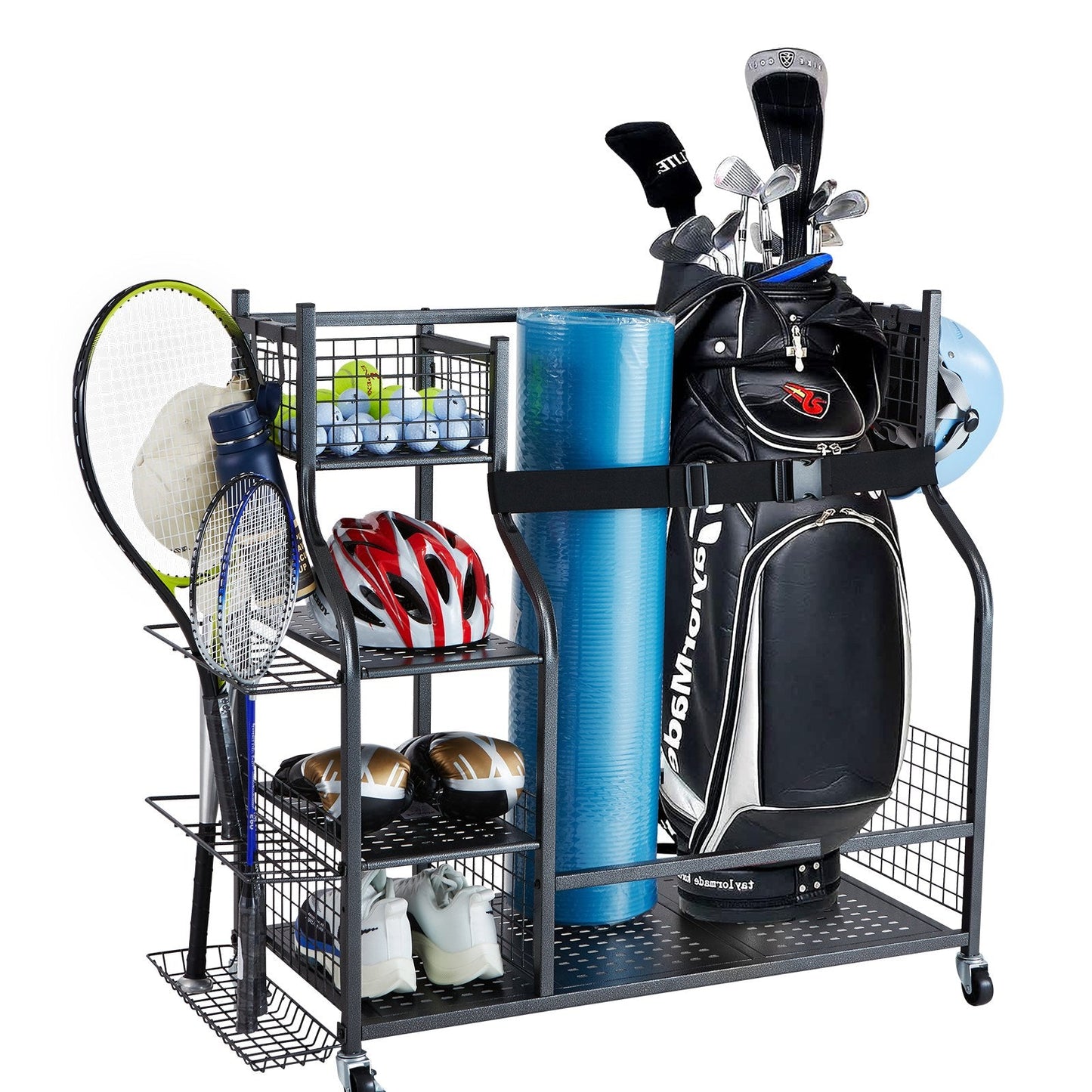 Golf Bag Stand & Sports Equipment Organizer with Wheels, Steel, Black, 1.03m