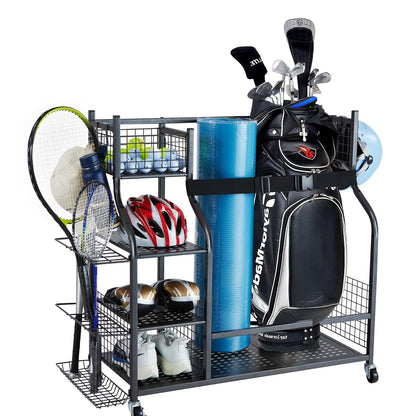 Golf Bag Stand & Sports Equipment Organizer with Wheels, Steel, Black, 1.03m