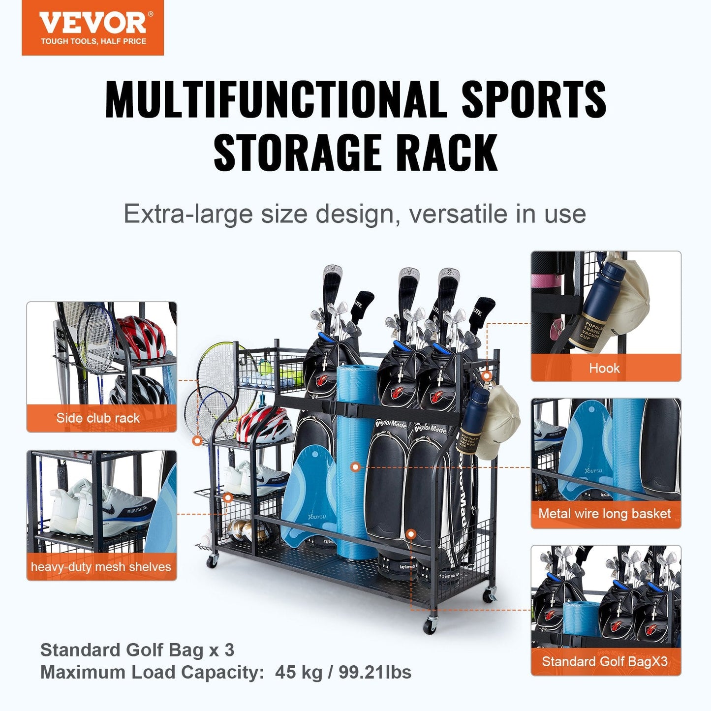 Golf Storage Rack: 3 Bag Stand, Rolling Ball Cart, Baskets & Hooks, Steel, Black