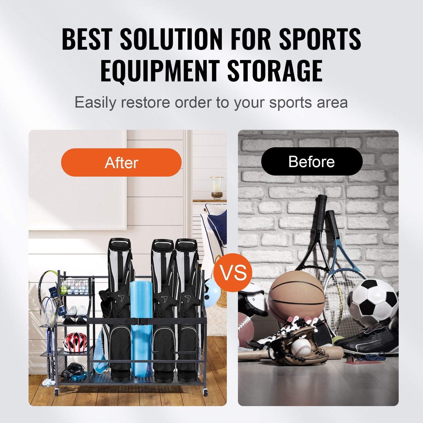 Golf Storage Rack: 3 Bag Stand, Rolling Ball Cart, Baskets & Hooks, Steel, Black