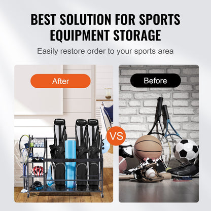 Golf Storage Rack: 3 Bag Stand, Rolling Ball Cart, Baskets & Hooks, Steel, Black