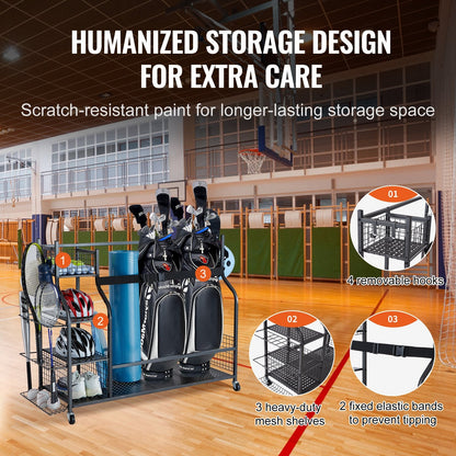Golf Storage Rack: 3 Bag Stand, Rolling Ball Cart, Baskets & Hooks, Steel, Black