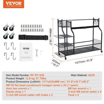 Golf Storage Rack: 3 Bag Stand, Rolling Ball Cart, Baskets & Hooks, Steel, Black