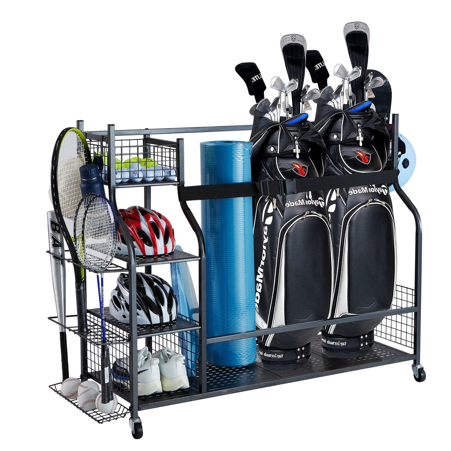 Golf Storage Rack: 3 Bag Stand, Rolling Ball Cart, Baskets & Hooks, Steel, Black