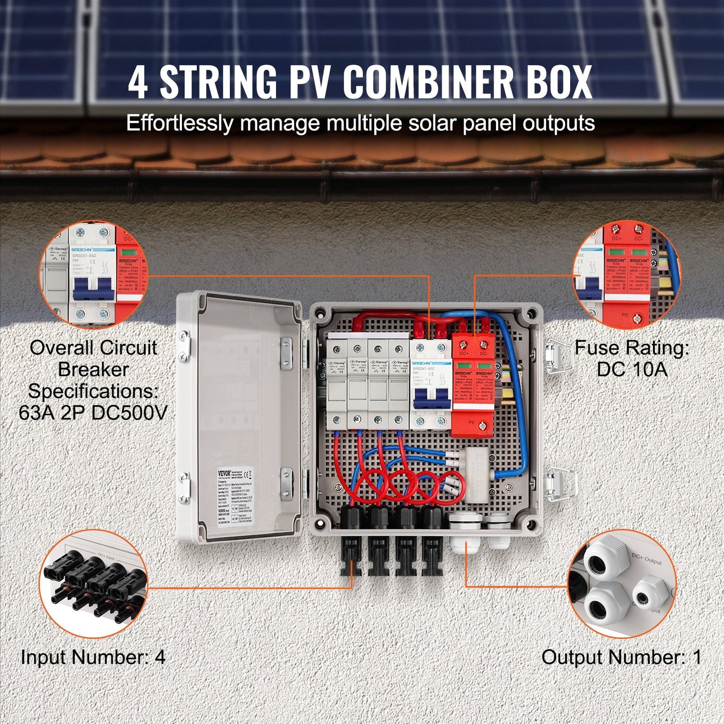 Solar PV Combiner Box 4 String 10A, IP65, ABS Case, 1.86 kg, DC 500V