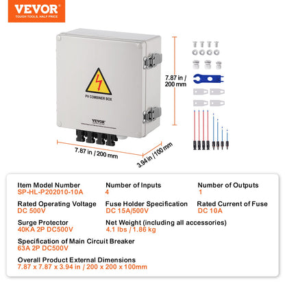 VEVOR Solar PV Combiner Box 4 String 10A for Solar Panel System ABS Case IP65